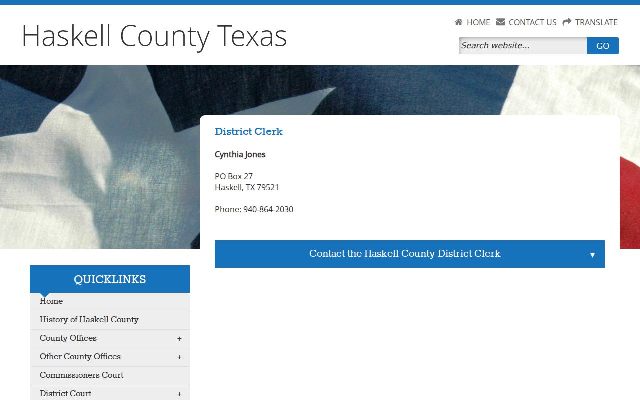 Haskell County warrant lookup research showing District Clerk contact information