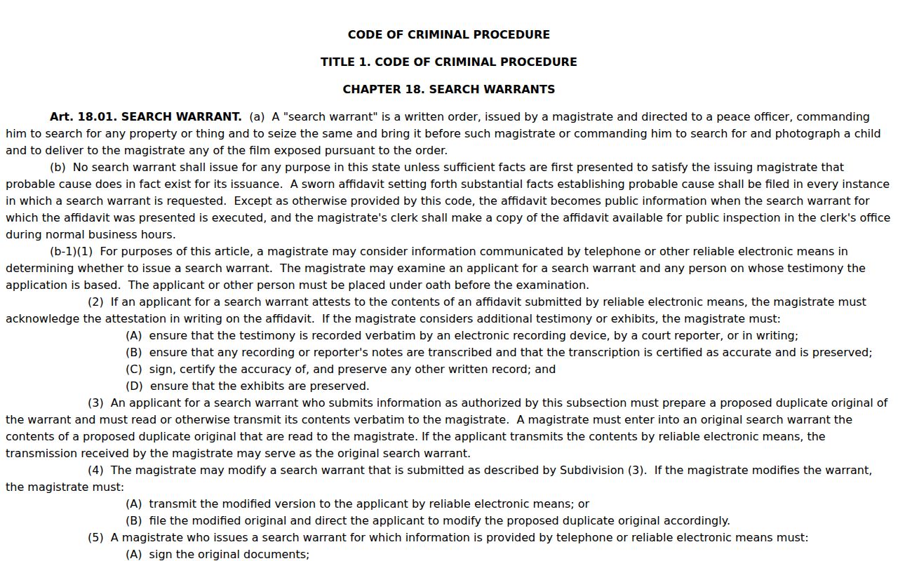 Haskell County arrest warrant research showing the Texas search warrant access statute