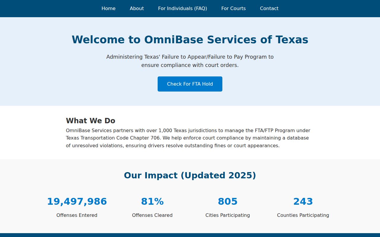 Haskell County warrant lookup research showing the separate OmniBase FTA and FTP hold service