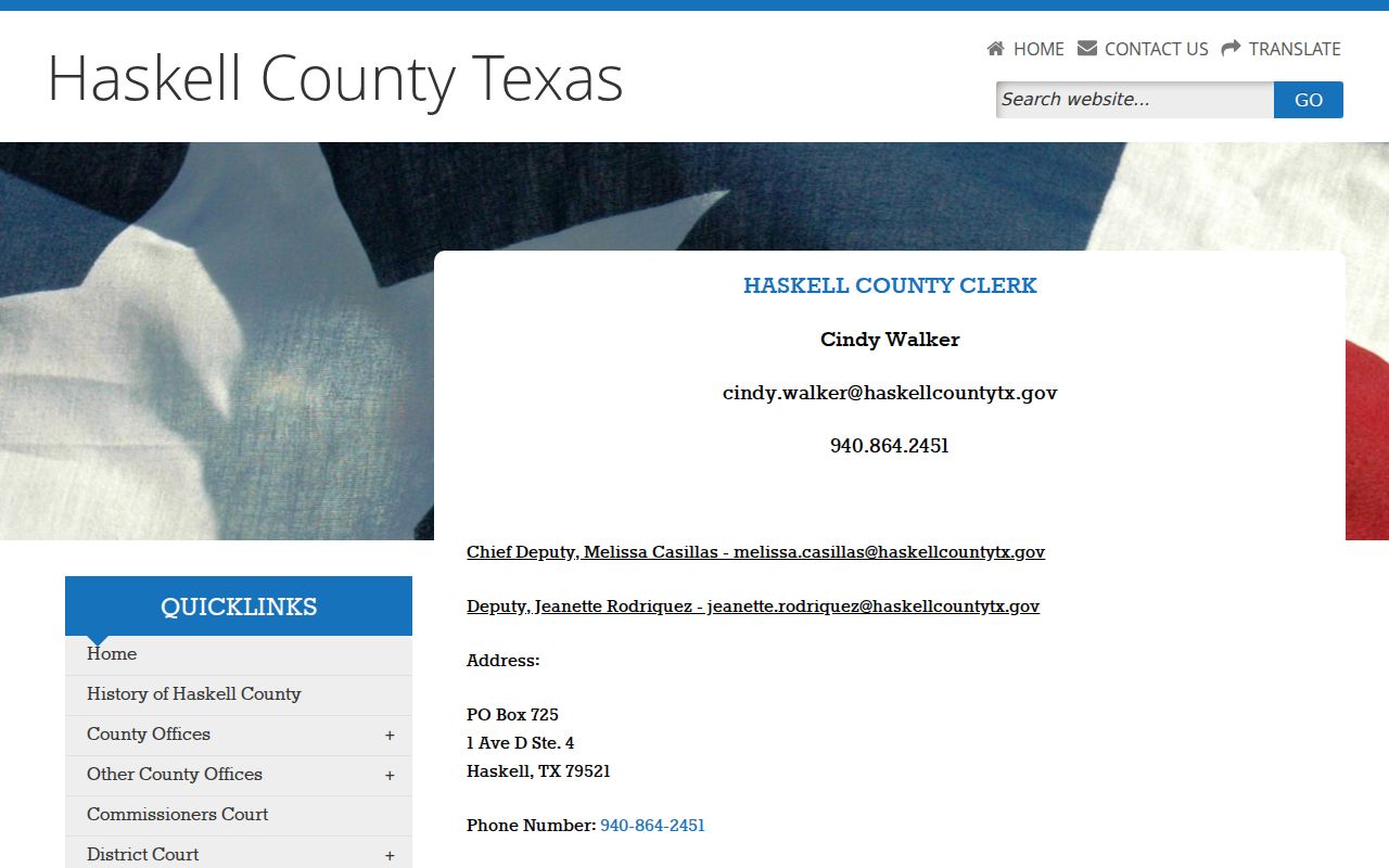Haskell County warrant records research showing the County Clerk request contact
