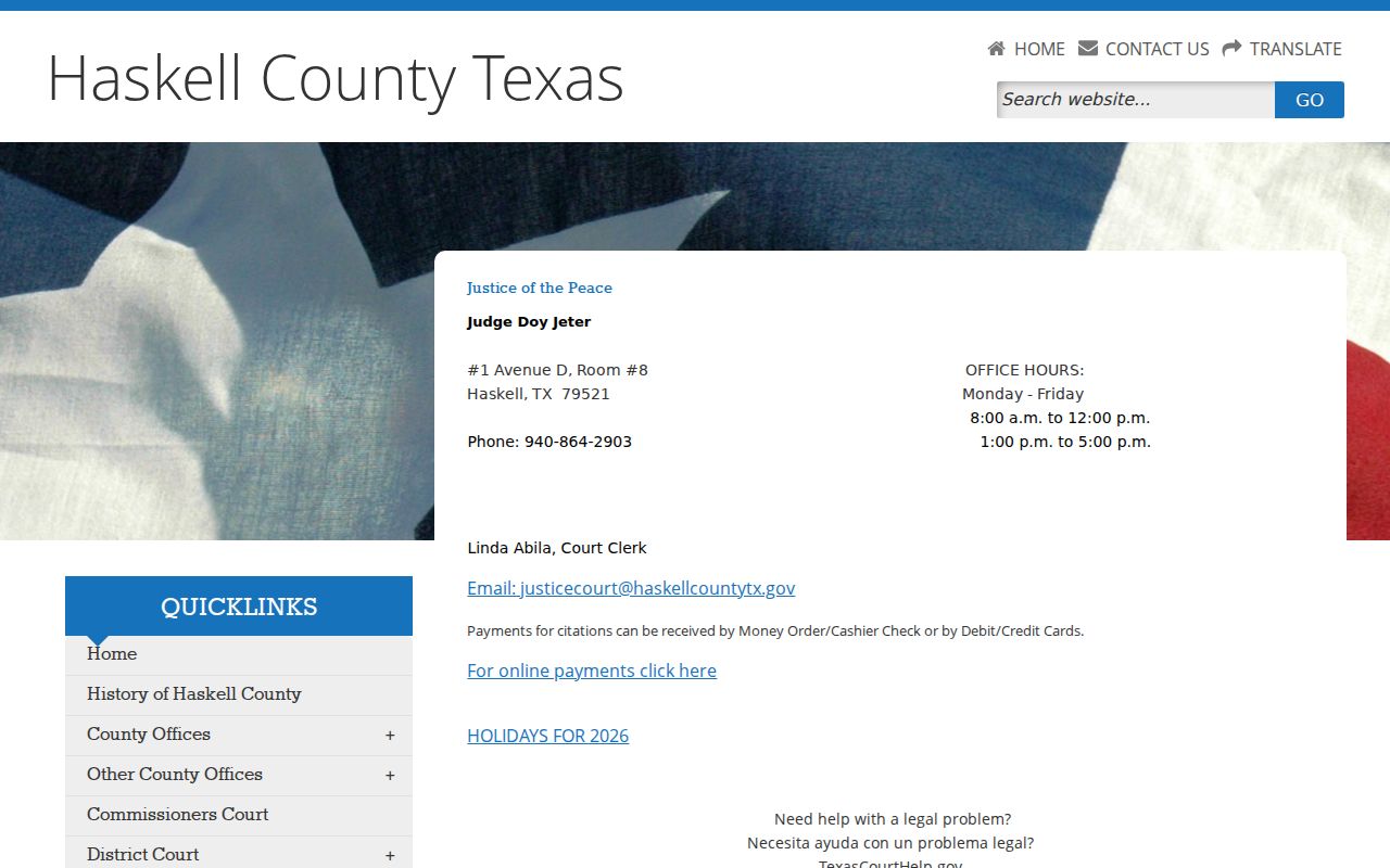 Haskell County traffic warrant research showing JP office citation payment details