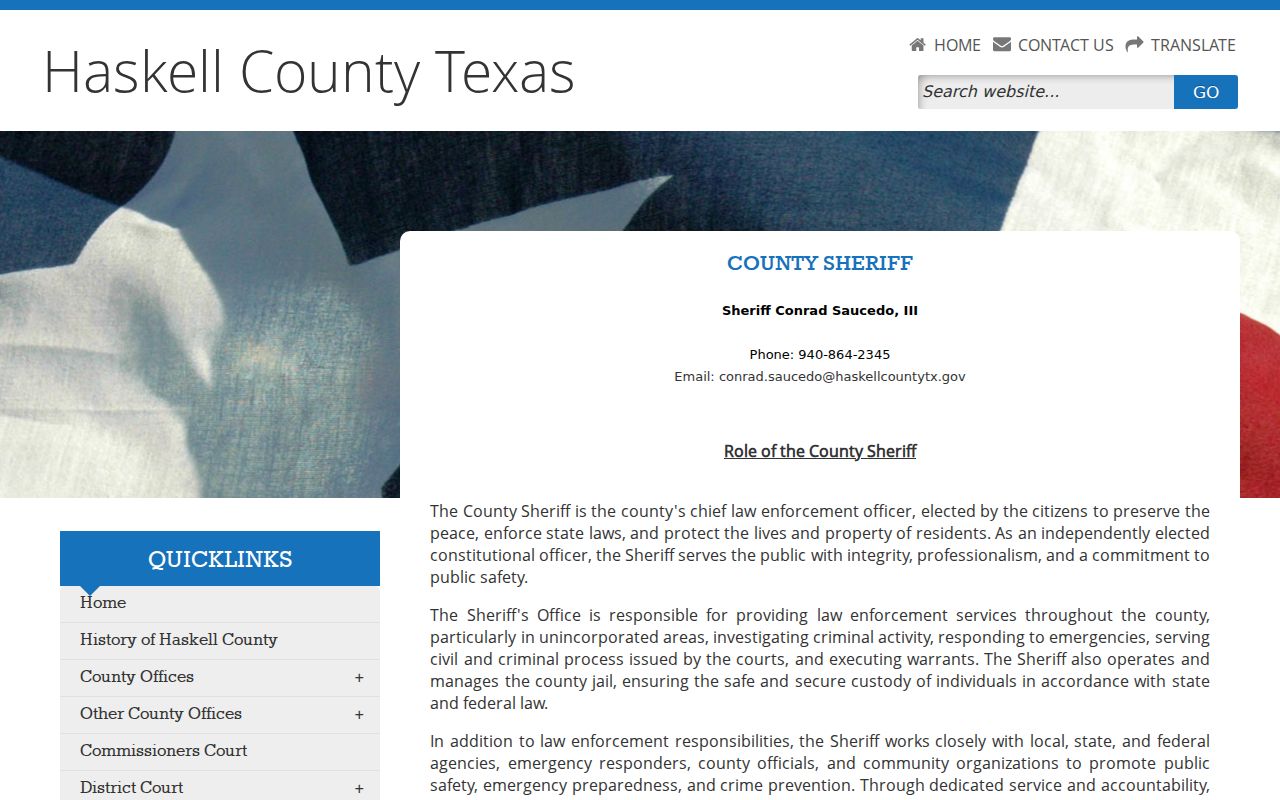 Haskell County warrant records research showing the Sheriff contact page